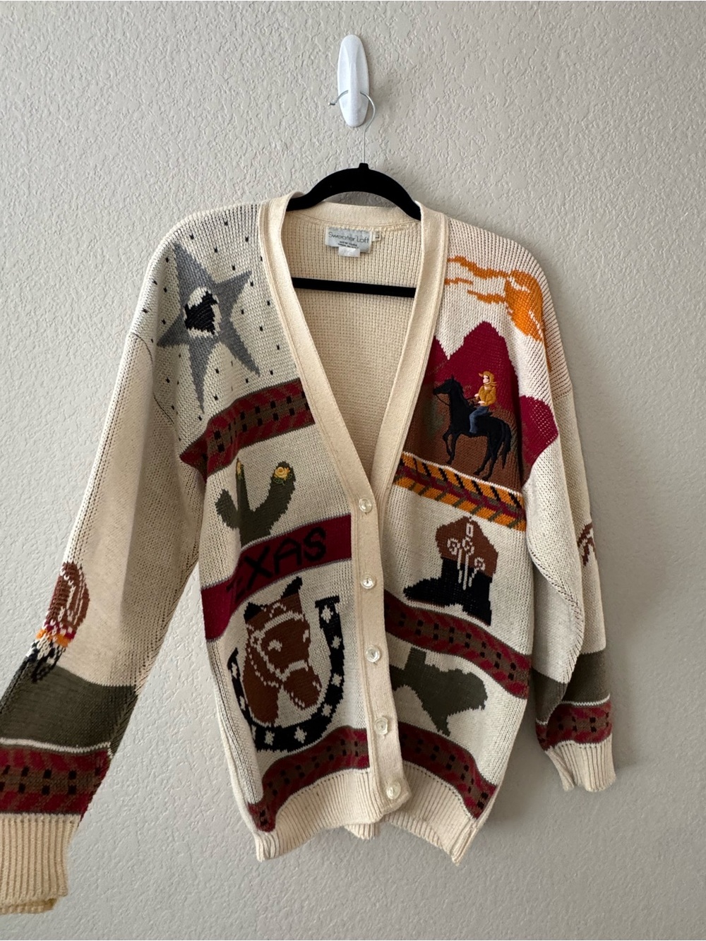 Vintage TEXAS Cream Cardigan with Red, Brown and Orange Western Motifs
